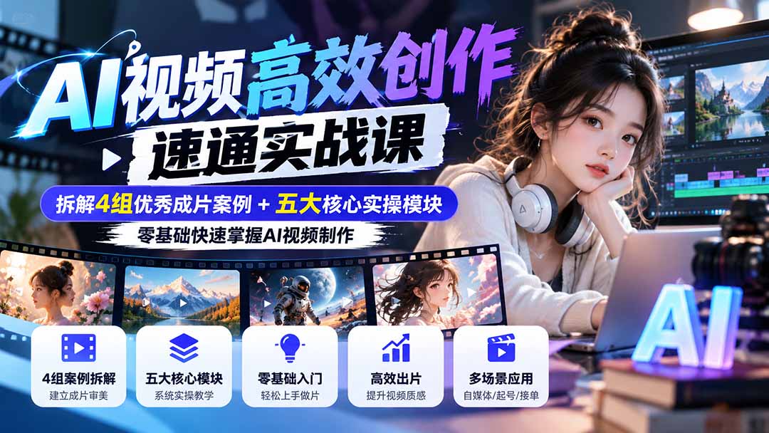 （20819期）【无水印】AI视频高效创作速通实战课：拆解4组优秀成片案例+五大核心实操模块，零基础快速掌握AI视频制作|无忧资源社