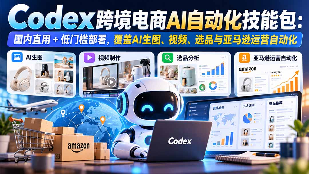 （20752期）【无水印】Codex跨境电商AI自动化技能包：国内直用+低门槛部署，覆盖AI生图、视频、选品与亚马逊运营自动化|无忧资源社