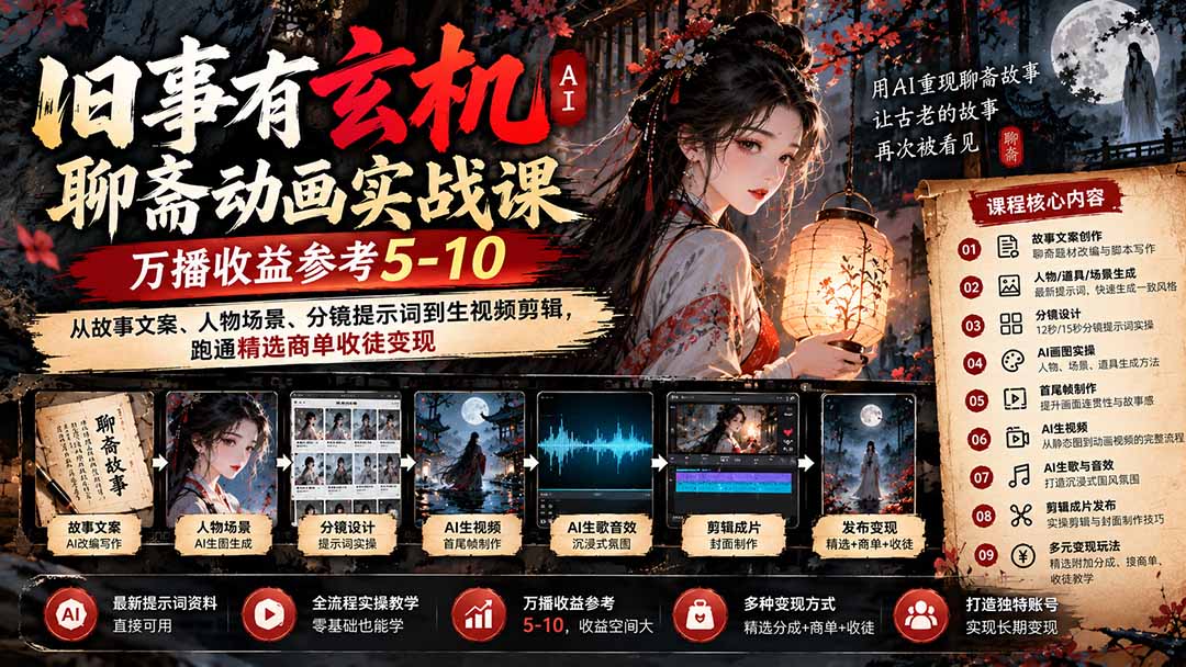 （20789期）旧事有玄机AI聊斋动画实战9月新课：万播收益参考5-10，从故事文案、人物场景到分镜生视频，跑通精选商单收徒|无忧资源社
