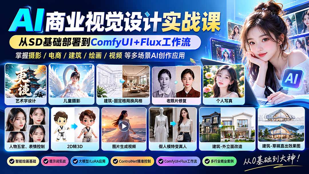 （20824期）【无水印】AI商业视觉设计实战课：从SD基础部署到ComfyUI+Flux工作流，掌握摄影电商建筑AI创作|无忧资源社