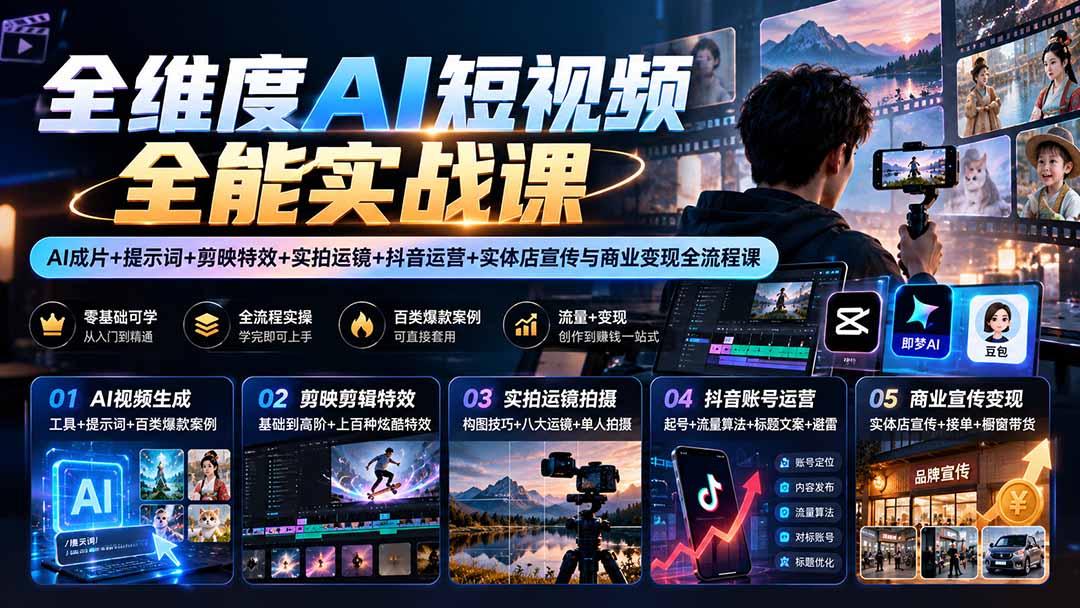 （20768期）【无水印】全维度AI短视频全能实战课：AI成片+提示词+剪映特效+实拍运镜+抖音运营+实体店宣传与商业变现全流程课|无忧资源社