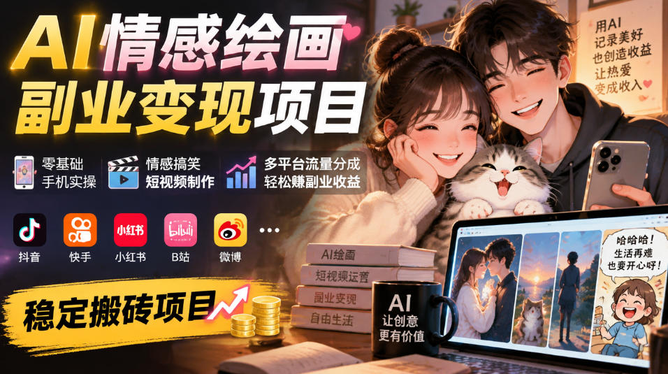 AI情感绘画副业变现项目｜零基础手机实操，情感搞笑短视频制作，多平台流量分成轻松賺副业收益|无忧资源社