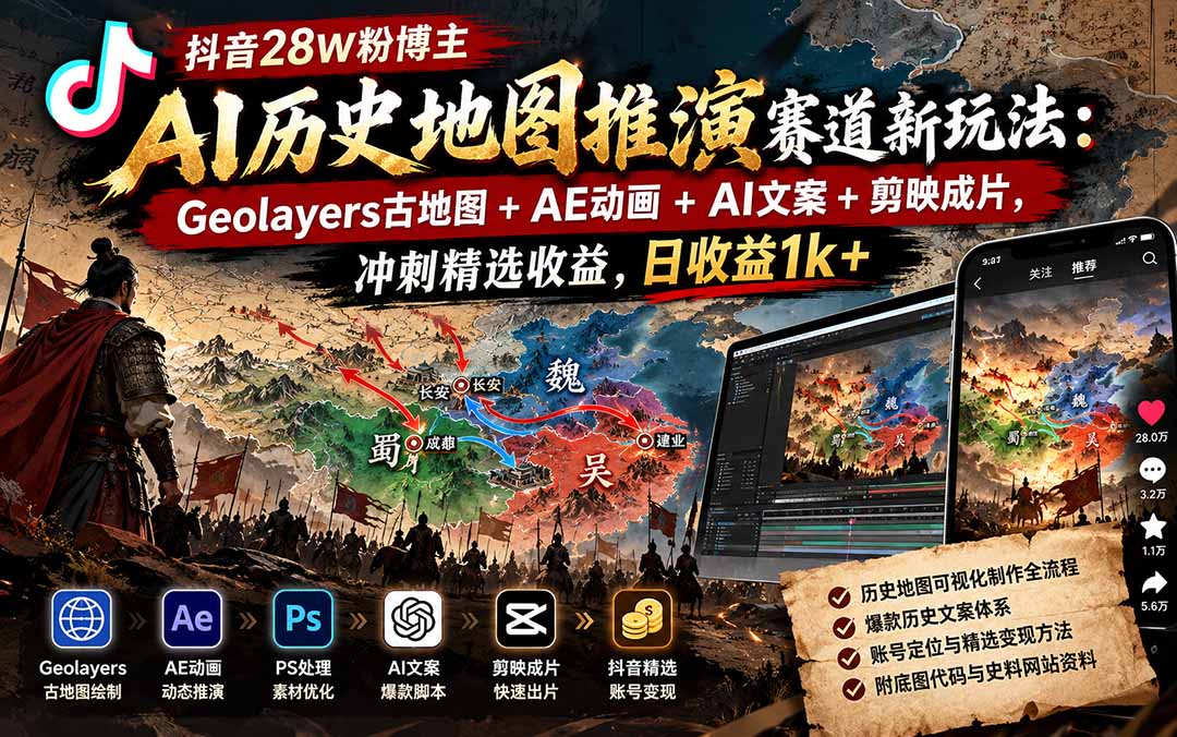 （20809期）抖音28W粉博主AI历史地图推演赛道新玩法：Geolayers古地图+AE动画+AI文案+剪映成片，冲刺精选收益，日收益1k+|无忧资源社