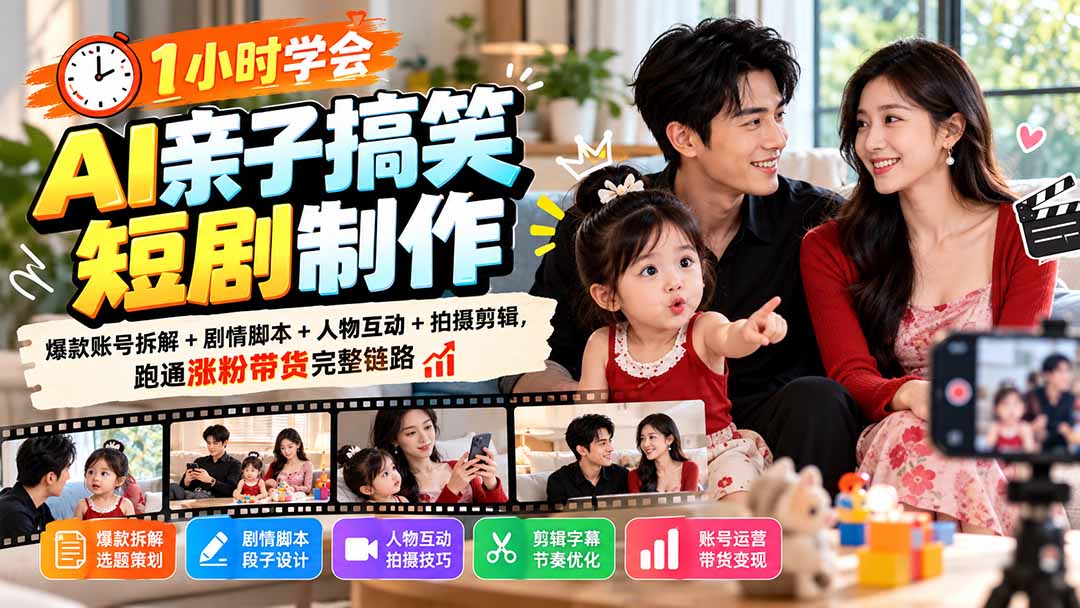 （20807期）1小时学会AI亲子搞笑短剧制作：爆款账号拆解+剧情脚本+人物互动+拍摄剪辑，跑通涨粉带货完整链路|无忧资源社