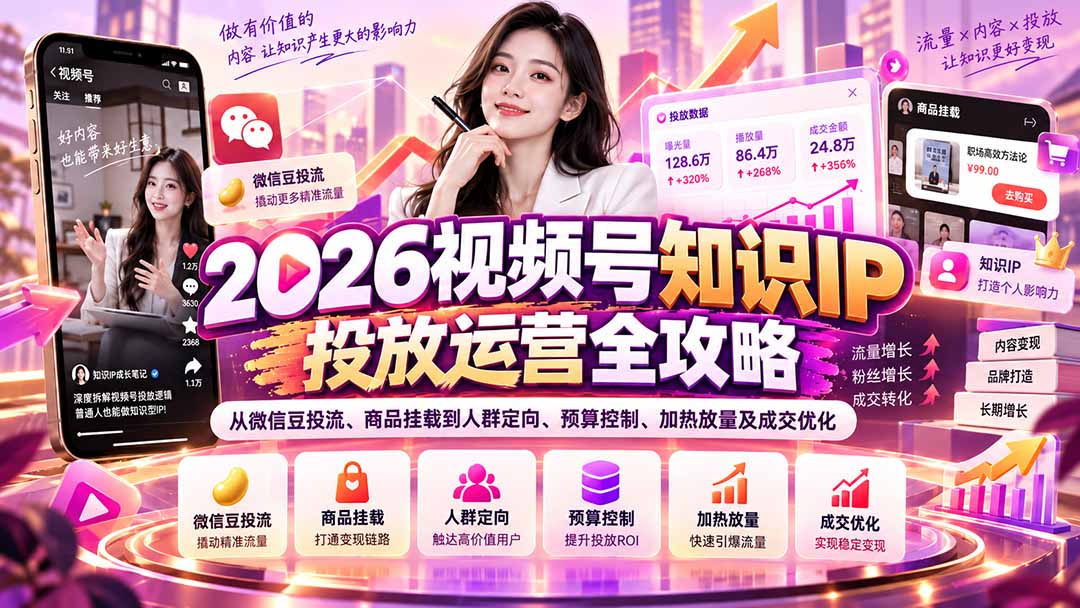 （20860期）2026视频号知识IP投放运营全攻略：从微信豆投流、商品挂载到人群定向、预算控制、加热放量及成交优化|无忧资源社
