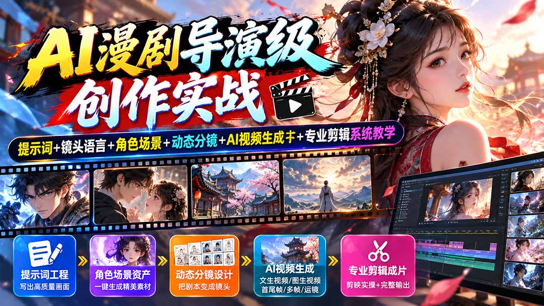 （20814期）AI漫剧导演级创作实战：提示词+镜头语言+角色场景+动态分镜+AI视频生成+专业剪辑系统教学|无忧资源社