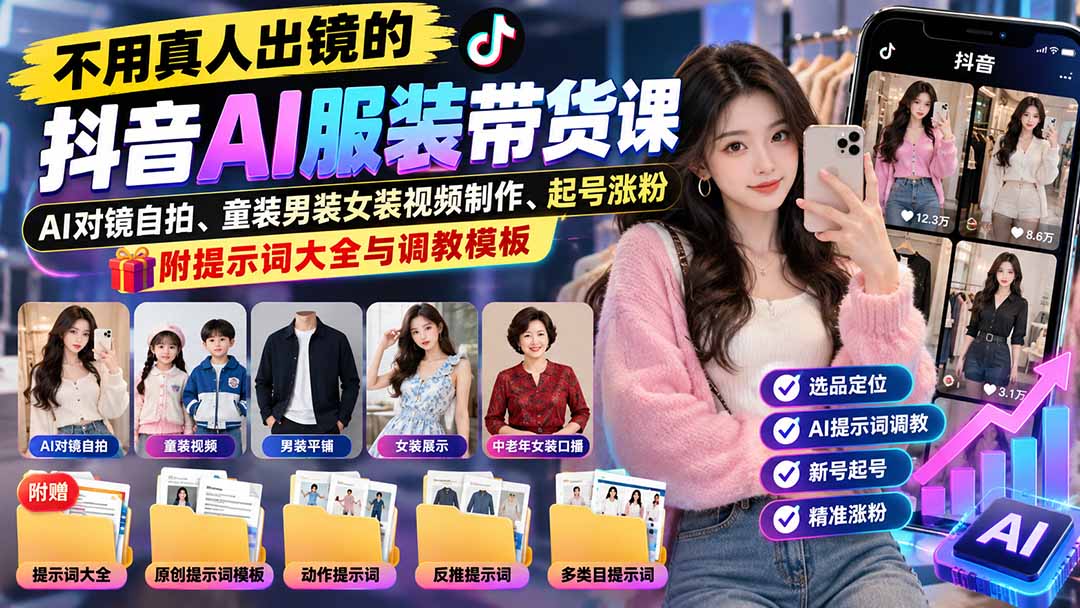 (20960期)不用真人出镜的抖音AI服装带货课:AI对镜自拍、童装男装女装视频制作、起号涨粉,附提示词大全与调教模板|无忧资源社
