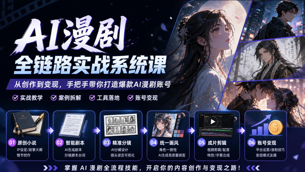 AI漫剧全链路实战系统课｜原创小说、智能剧本、精准分镜、统一画风、成片剪辑、账号变现实操教学|无忧资源社