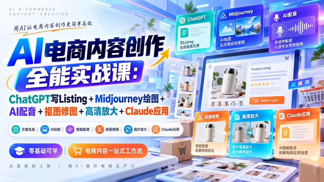 （20770期）【无水印】AI电商内容创作全能实战课：ChatGPT写Listing+Midjourney绘图+AI配音+抠图修图+高清放大+Claude应用|无忧资源社