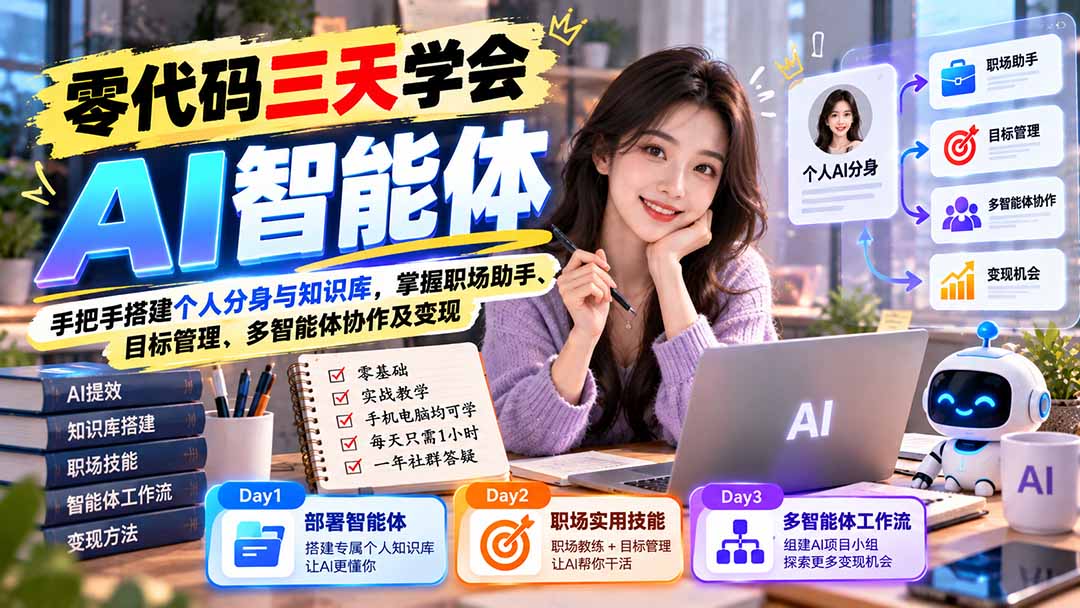 （20978期）【无水印】零代码三天学会AI智能体：手把手搭建个人分身与知识库，掌握职场助手、目标管理、多智能体协作及变现|无忧资源社