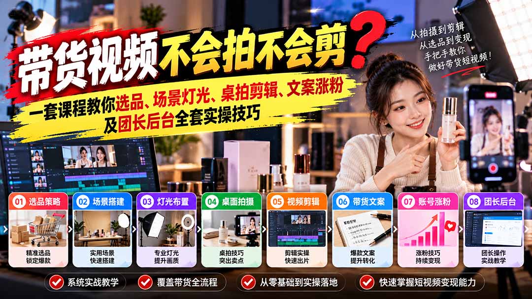 （20980期）带货视频不会拍不会剪？一套课程教你选品、场景灯光、桌拍剪辑、文案涨粉及团长后台全套实操技巧  复制标题|无忧资源社