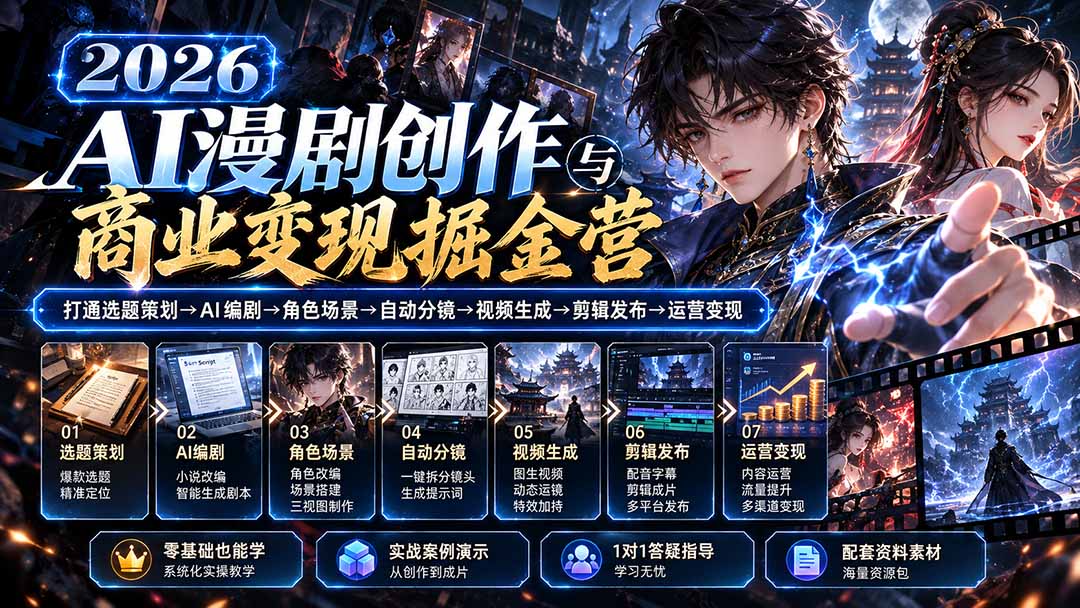 （20906期）【无水印】2026AI漫剧创作与商业变现掘金营：打通选题→AI编剧→角色场景→自动分镜→视频生成→剪辑发布→运营变现|无忧资源社