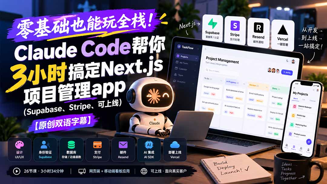 （20907期）零基础也能玩全栈！Claude Code帮你3小时搞定Next.js项目管理app（Supabase、Stripe、可上线）【原创双语字幕】|无忧资源社