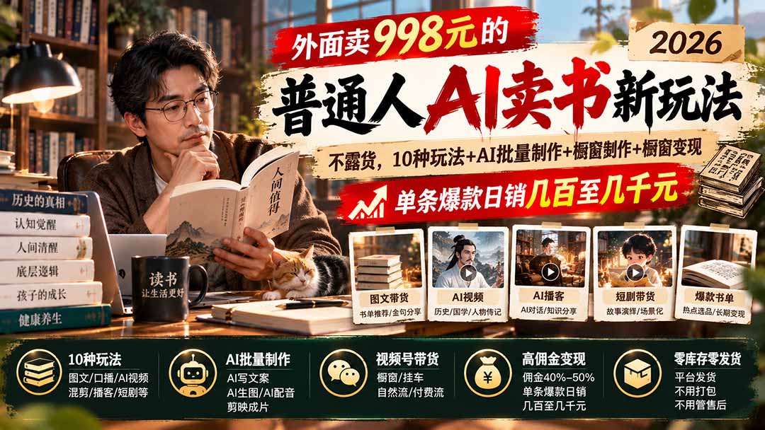 （20909期）外面卖998元的2026普通人AI卖书新玩法：不露脸、不囤货，10种玩法+AI批量制作+橱窗变现，单条爆款日销几百至几千元|无忧资源社
