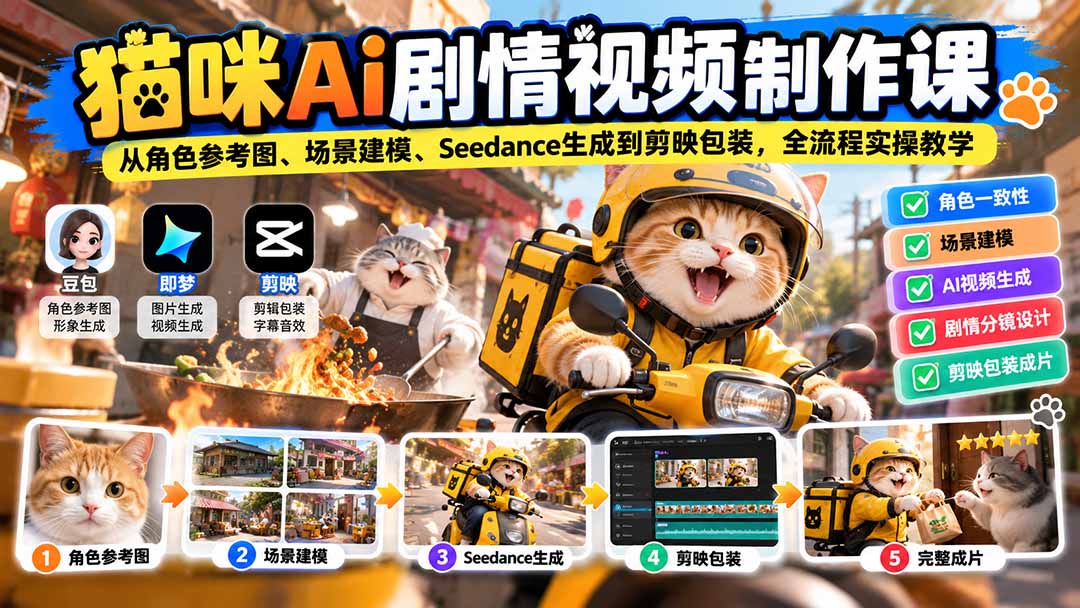 (20793期)猫咪AI剧情视频制作课:从角色参考图、场景建模、Seedance生成到剪映包装,全流程实操教学|无忧资源社
