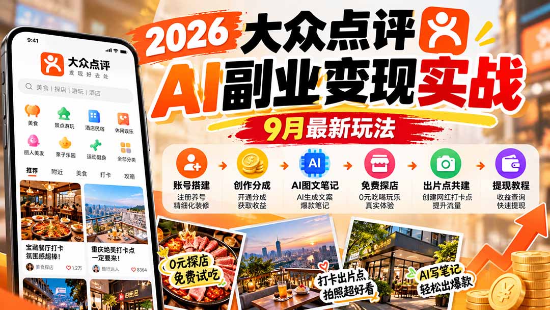 （20873期）2026大众点评AI副业变现实战9月最新玩法：账号搭建+创作分成+AI图文笔记+免费探店+出片点共建与提现教程|无忧资源社
