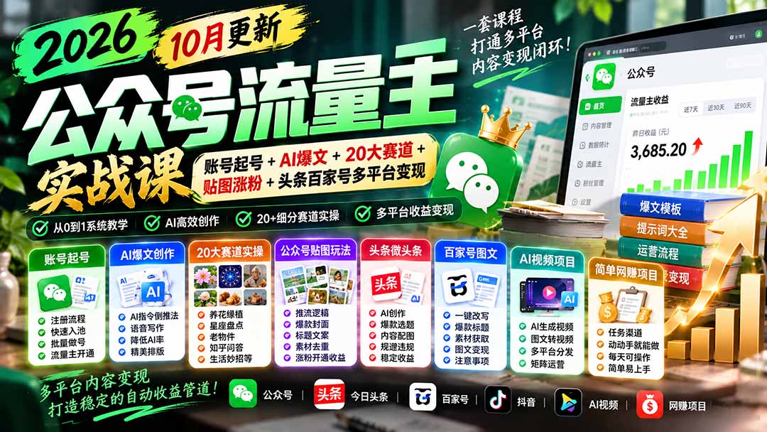 （20878期）2026公众号流量主实战课-10月更新：账号起号+AI爆文+20大赛道+贴图涨粉+头条百家号多平台变现|无忧资源社