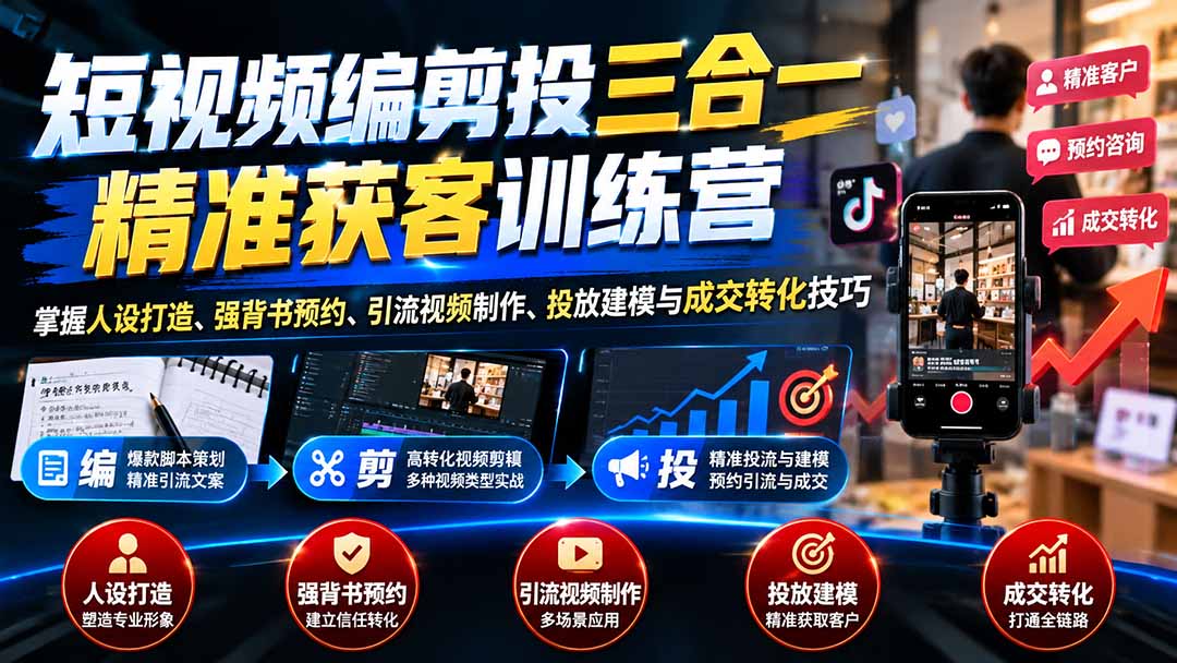 （20910期）短视频编剪投三合一精准获客训练营：掌握人设打造、强背书预约、引流视频制作、投放建模与成交转化技巧|无忧资源社