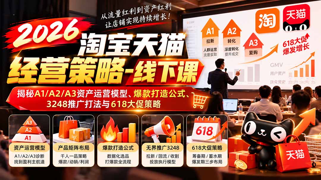 （20912期）2026淘宝天猫经营策略-线下课：揭秘A1/A2/A3资产运营模型、爆款打造公式、3248推广打法与618大促策略|无忧资源社