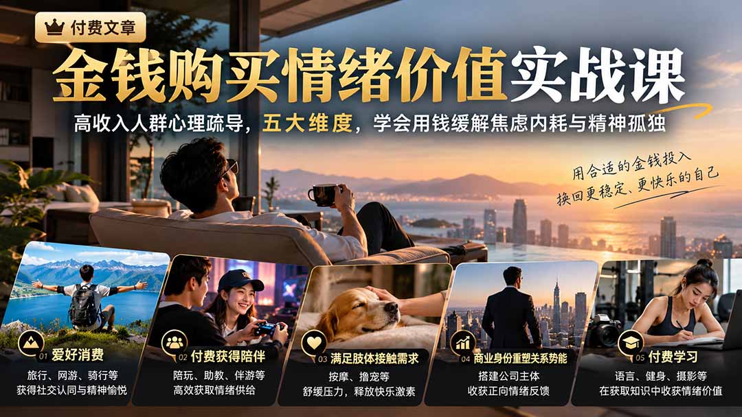 （20941期）付费文章：金钱购买情绪价值实战课｜高收入人群心理疏导，五大维度，学会用钱缓解焦虑内耗与精神孤独|无忧资源社