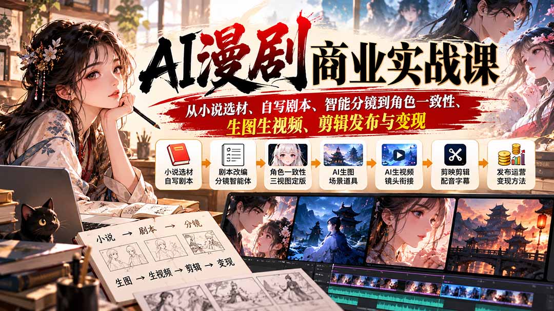 （20811期）AI漫剧商业实战课：从小说选材、自写剧本、智能分镜到角色一致性、生图生视频、剪辑发布与变现|无忧资源社