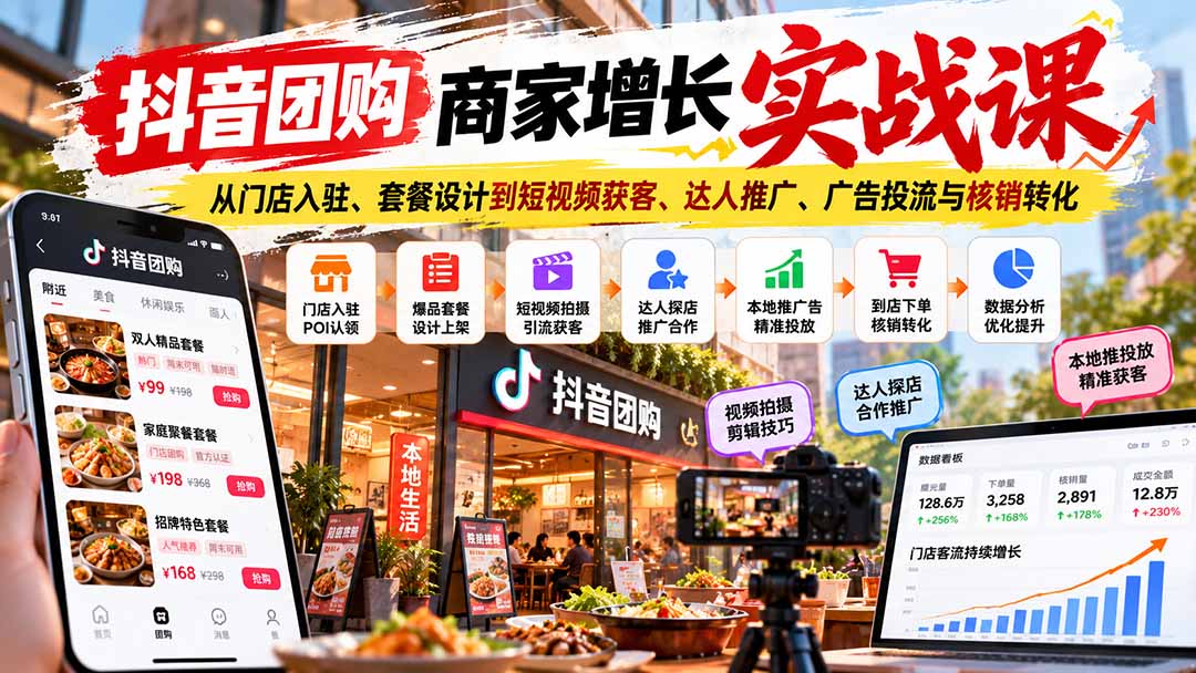 （20813期）抖音团购商家增长实战课：从门店入驻、套餐设计到短视频获客、达人推广、广告投流与核销转化|无忧资源社