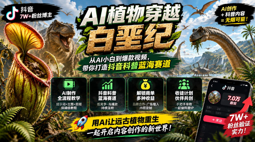 抖音7W粉丝博主的AI植物穿越白垩纪教学，抖音科普蓝海赛道，解锁商单收徒伙伴计划等多种收益|无忧资源社