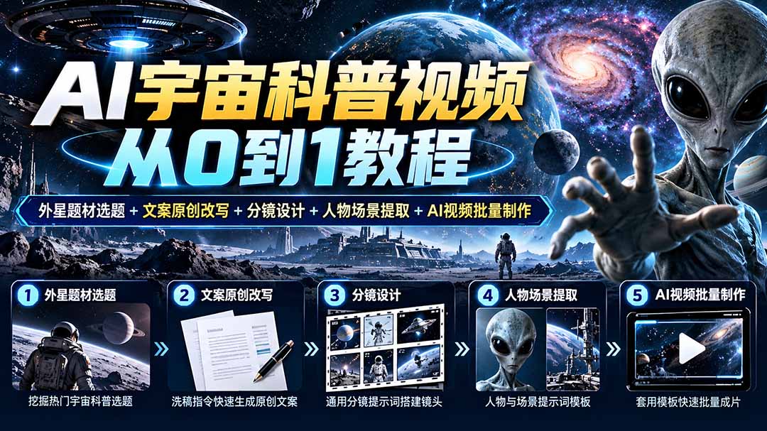 (20774期)AI宇宙科普视频从0到1教程|外星题材选题+文案原创改写+分镜设计+人物场景提取+AI视频批量制作|无忧资源社