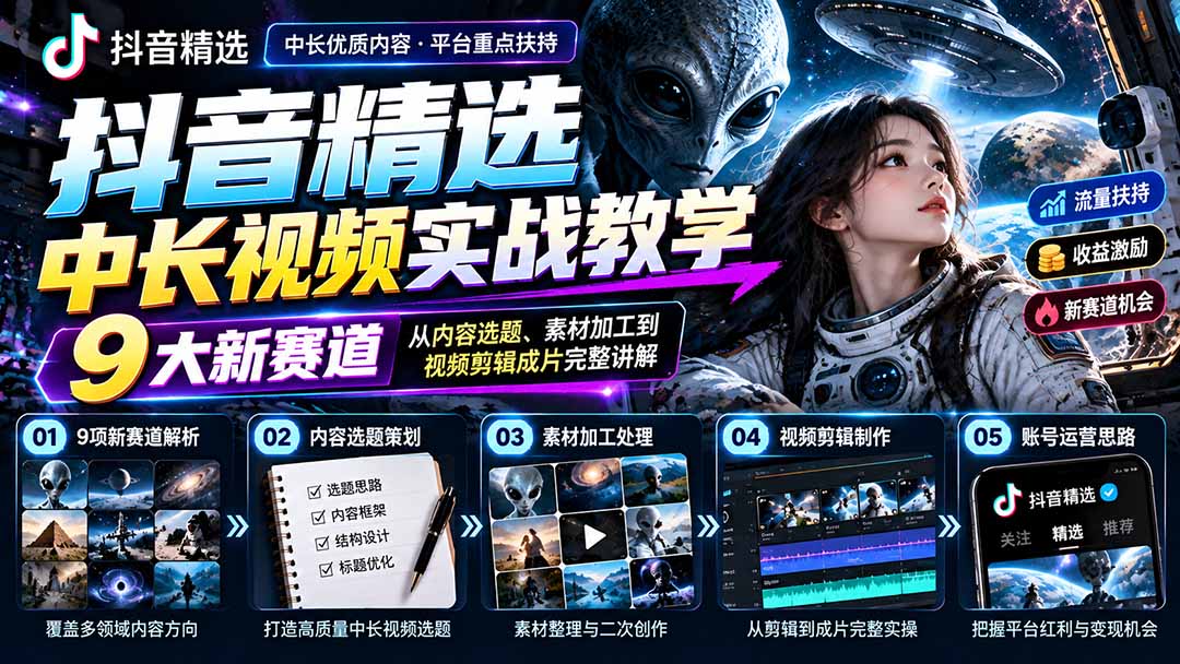 (20775期)抖音精选中长视频实战教学:拆解9项细分赛道,从内容选题、素材加工到视频剪辑成片完整讲解|无忧资源社