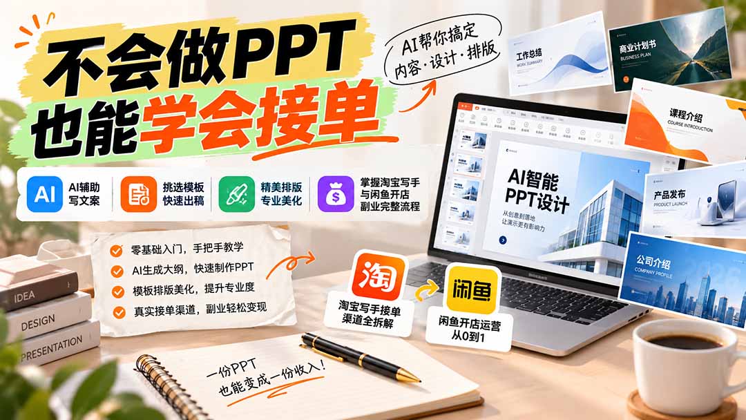 （20945期）不会做PPT也能学会接单：AI辅助写文案、挑模板、做排版，掌握淘宝写手与闲鱼开店副业完整流程|无忧资源社