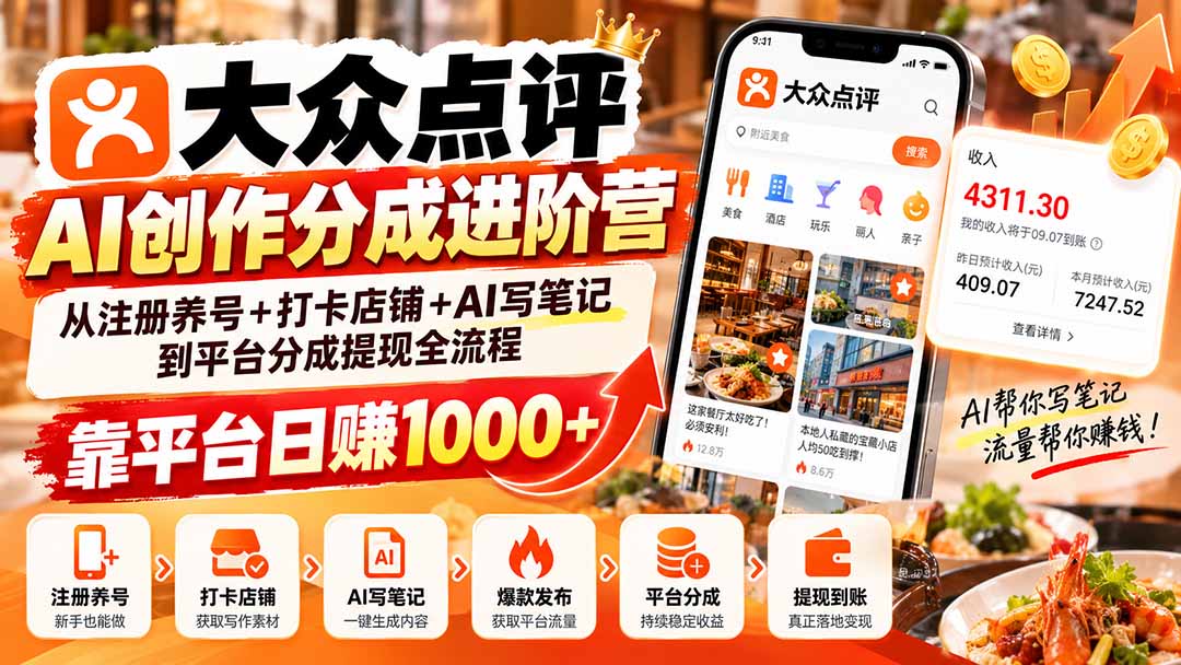 （20759期）大众点评AI创作分成进阶营：从注册养号+打卡店铺+AI写笔记到平台分成提现全流程，靠平台日赚1000+|无忧资源社