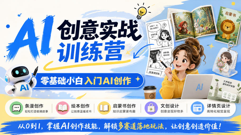 AI创意实战训练营，零基础小白入门AI创作，解锁条漫、绘本、启蒙书、文创、详情页多赛道落地玩法|无忧资源社