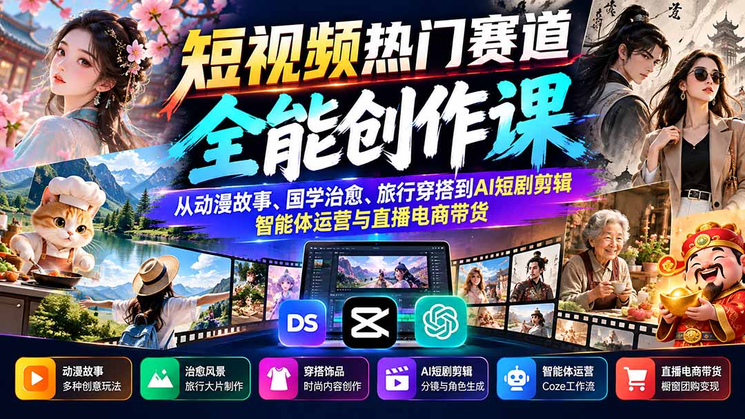 （20956期）短视频热门赛道全能创作课：从动漫故事、国学治愈、旅行穿搭到AI短剧剪辑、智能体运营与直播电商带货|无忧资源社