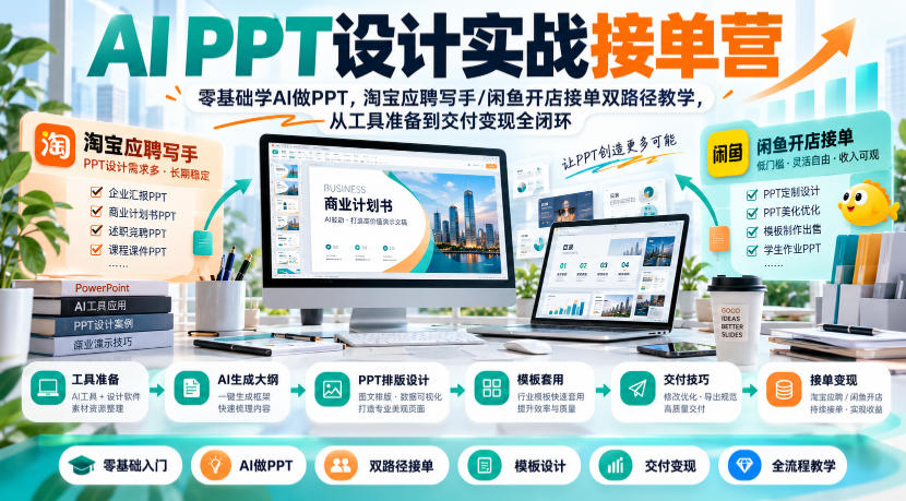 AI PPT设计实战接单营｜零基础学AI做PPT，淘宝应聘写手/闲鱼开店接单双路径教学，从工具准备到交付变现全闭环|无忧资源社
