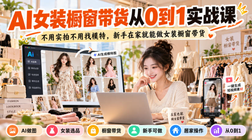 AI女装橱窗带货从0到1实战课，不用实拍不用找模特，新手在家就能做女装橱窗带货|无忧资源社
