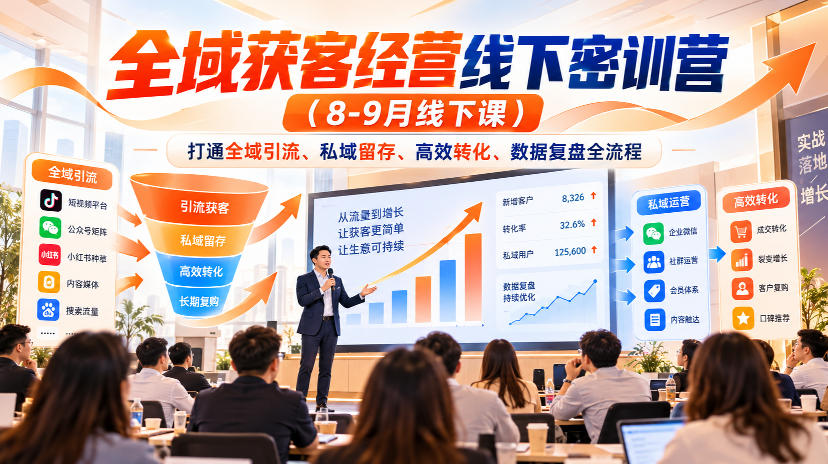 全域获客经营线下密训营（8-9月线下课），打通全域引流、私域留存、高效转化、数据复盘全流程|无忧资源社