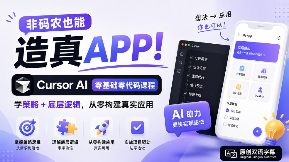 非码农也能造真APP！Cursor AI零基础零代码课程：学策略+底层逻辑，从零构建真实应用【原创双语字幕】|无忧资源社