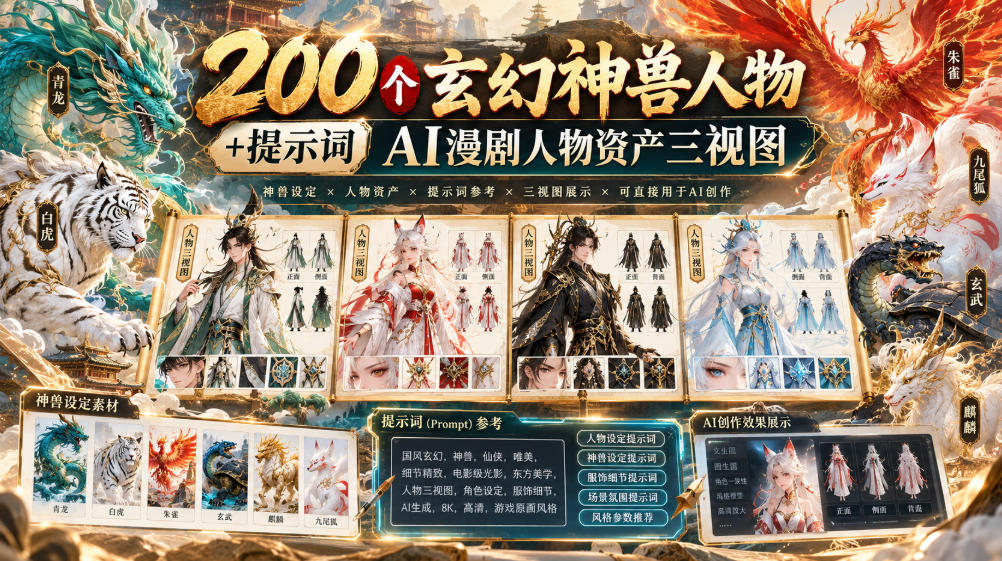 200个玄幻神兽人物+提示词ai漫剧人物资产三视图|无忧资源社
