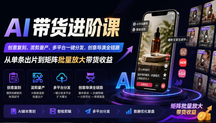 AI带货进阶课｜创意复刻、混剪量产、多平台一键分发、创意导演全链路，从单条出片到矩阵批量放大带货收益|无忧资源社