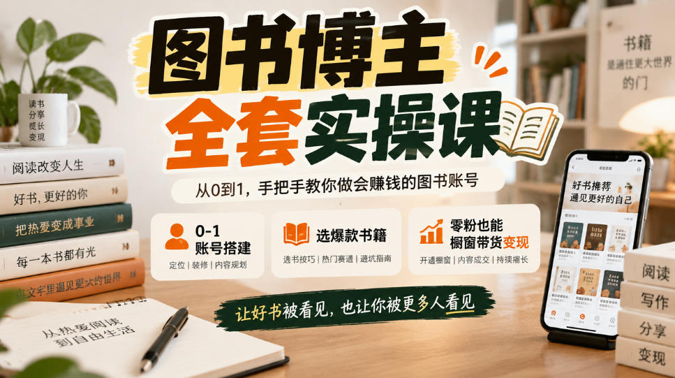 图书博主全套实操课，0‑1账号搭建，选爆款书籍，零粉也能橱窗带货变现|无忧资源社