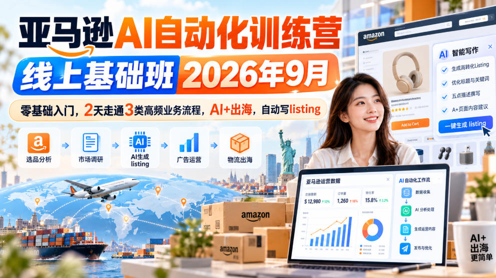 亚马逊AI自动化训练营线上基础班2026年9月，零基础入门，2天走通3类高频业务流程，AI+出海，自动写listing|无忧资源社