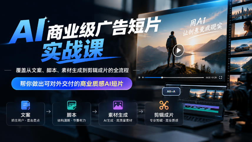 AI商业级广告短片实战课，覆盖从文案、脚本、素材生成到剪辑成片的全流程，帮你做出可对外交付的商业质感AI短片|无忧资源社
