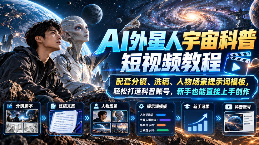 AI外星人宇宙科普短视频教程，配套分镜、洗稿、人物场景提示词模板，轻松打造科普账号，新手也能直接上手创作|无忧资源社