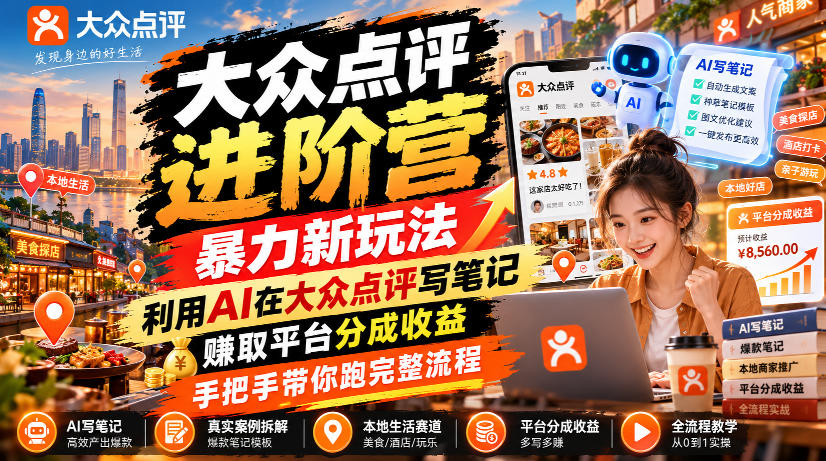 大众点评进阶营，暴力新玩法，利用AI在大众点评写笔记， 賺取平台分成收益，手把手带你跑完整流程|无忧资源社