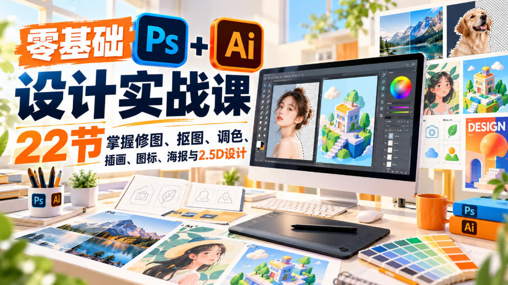【无水印】零基础PS+AI设计实战课｜22节掌握修图、抠图、调色、插画、图标、海报与2.5D设计|无忧资源社