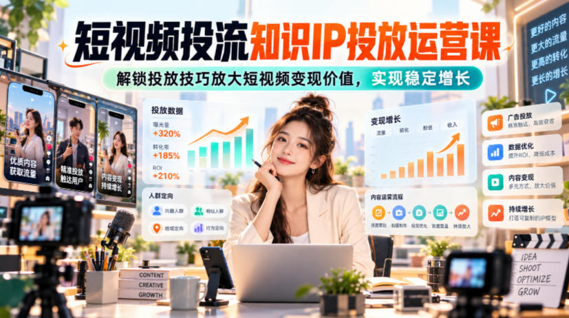 短视频投流知识IP投放运营课，解锁投放技巧放大短视频变现价值，实现稳定增长|无忧资源社