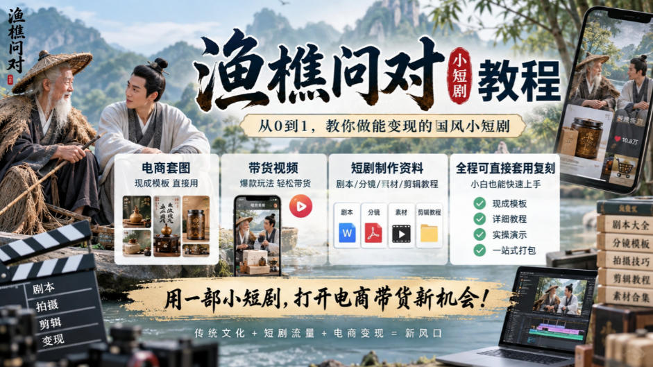 渔樵问对小短剧教程，包含电商套图、带货视频，短剧制作资料，全程可直接套用复刻|无忧资源社