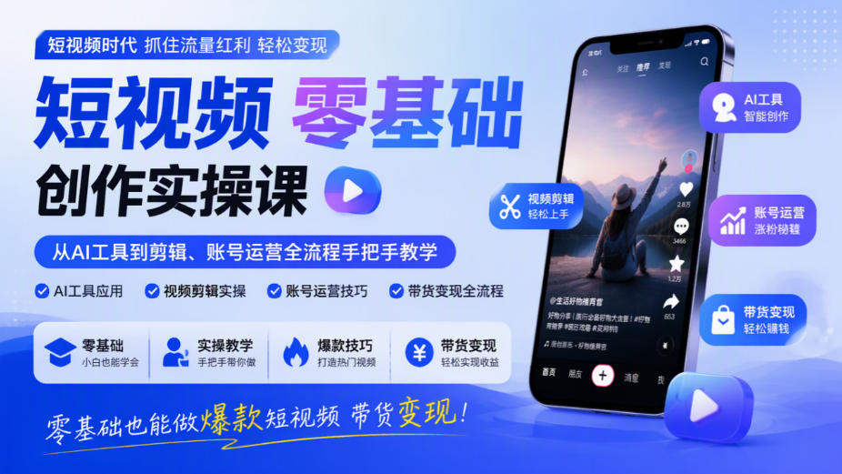 短视频零基础创作实操课，从AI工具到剪辑、账号运营全流程手把手教学，零基础也能做爆款短视频带货变现|无忧资源社