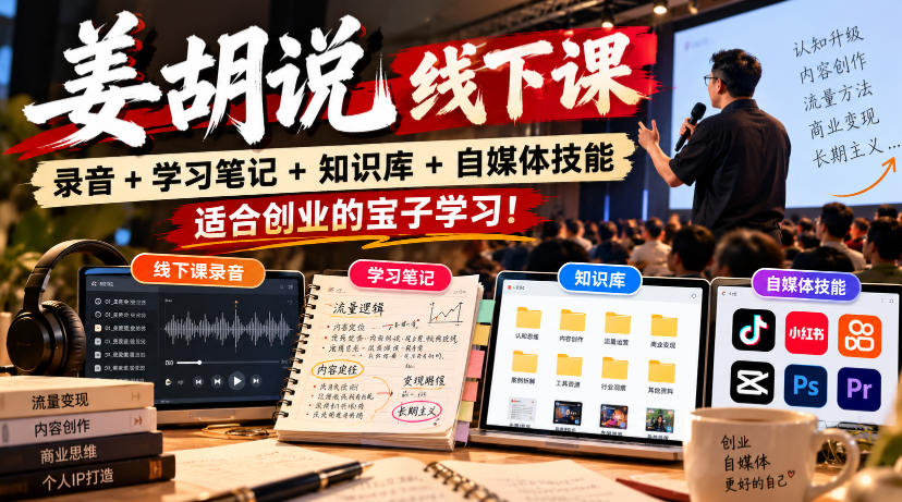 姜胡说线下课录音＋学习笔记＋知识库＋自媒体技能，​适合创业的宝子学习！|无忧资源社