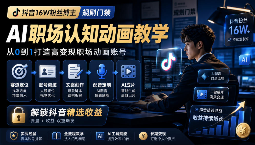 抖音16W粉丝博主规则门禁的AI职场认知动画教学,从赛道定位、账号包装,到文案创作、配音定制、AI成片,解锁抖音精选收益|无忧资源社
